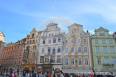 Beautiful brightly painted renaissance buildings Old Town Square Prague Editorial Stock Photo